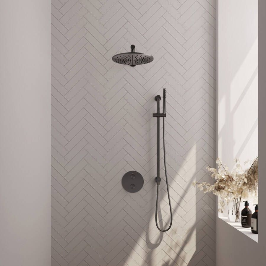 Brauer Gunmetal Edition thermostatische inbouw regendouche met staafhanddouche rechte muurarm glijstang en hoofddouche 30cm set 86 gunmetal geborsteld PVD