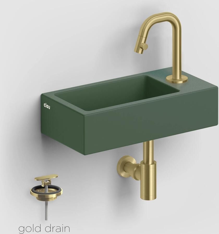 Clou Flush 3 keramische fontein groen mat met Kaldur toiletkraan messing geborsteld PVD