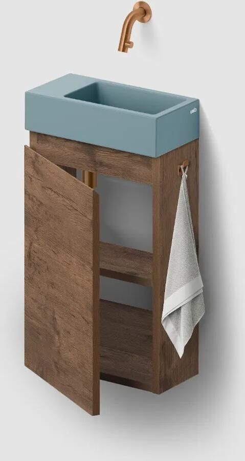 Clou Flush 3 toiletmeubel 36cm donker eiken linksdraaiend met keramische fontein blauwgrijs mat zonder kraangat