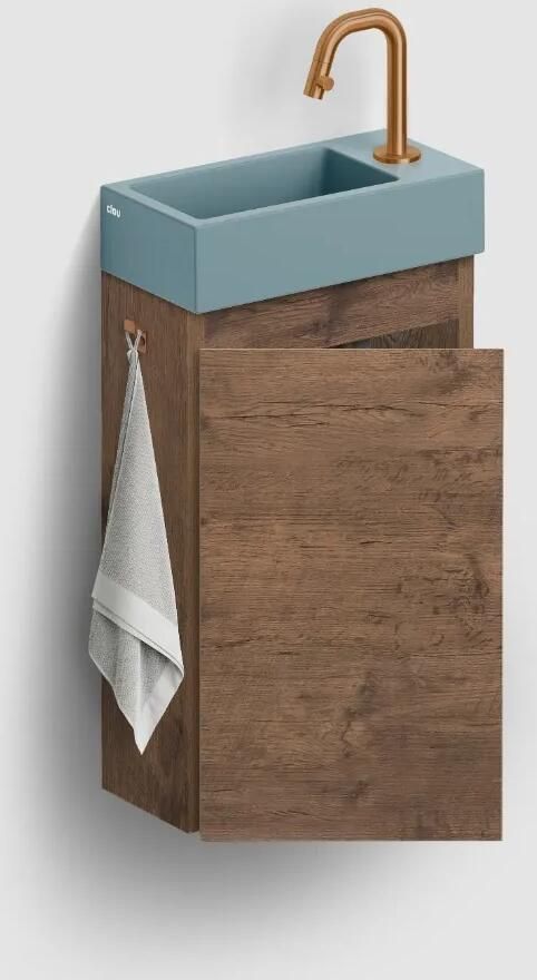 Clou Flush 3 toiletmeubel 36cm donker eiken linksdraaiend met keramische fontein blauwgrijs mat en kraangat