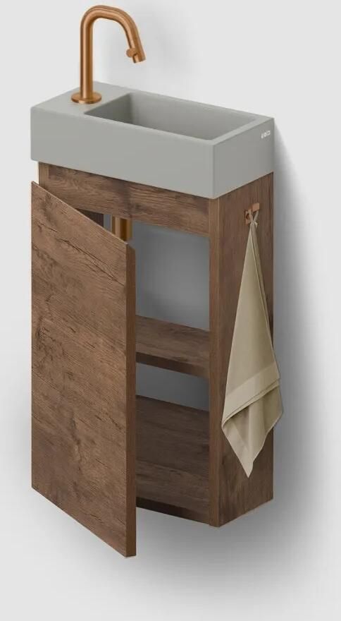 Clou Flush 3 toiletmeubel 36cm donker eiken linksdraaiend met keramische fontein grijs mat en kraangat