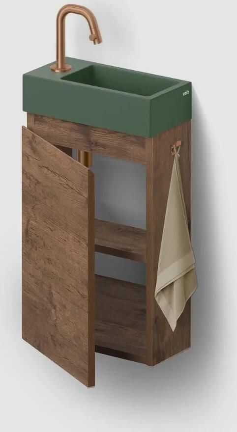 Clou Flush 3 toiletmeubel 36cm donker eiken linksdraaiend met keramische fontein groen mat en kraangat