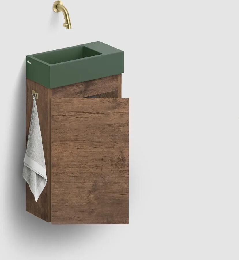 Clou Flush 3 toiletmeubel 36cm donker eiken linksdraaiend met keramische fontein groen mat zonder kraangat