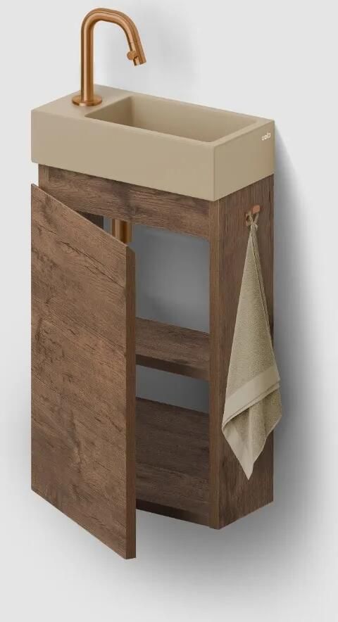 Clou Flush 3 toiletmeubel 36cm donker eiken linksdraaiend met keramische fontein mosterd mat en kraangat