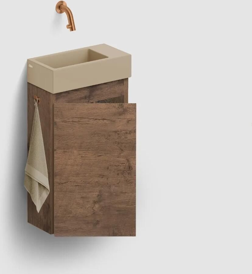 Clou Flush 3 toiletmeubel 36cm donker eiken linksdraaiend met keramische fontein mosterd mat zonder kraangat