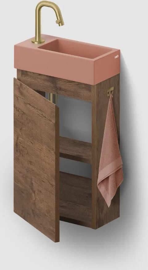 Clou Flush 3 toiletmeubel 36cm donker eiken linksdraaiend met keramische fontein roze mat en kraangat