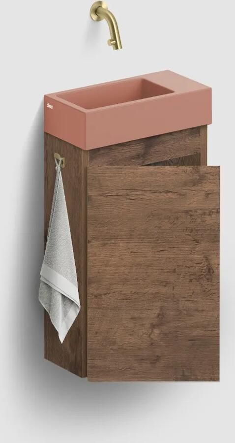 Clou Flush 3 toiletmeubel 36cm donker eiken linksdraaiend met keramische fontein roze mat zonder kraangat
