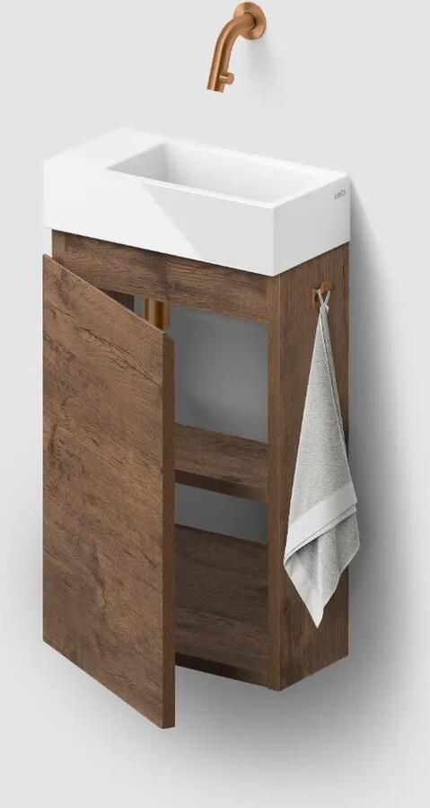 Clou Flush 3 toiletmeubel 36cm donker eiken linksdraaiend met keramische fontein wit glans zonder kraangat