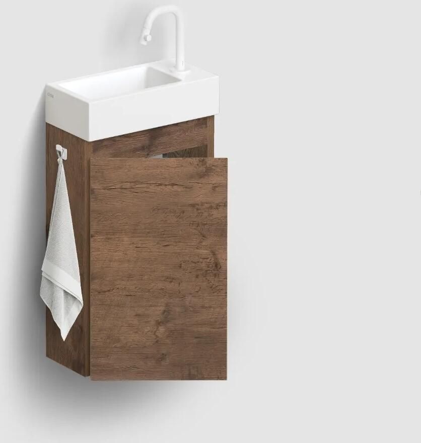 Clou Flush 3 toiletmeubel 36cm donker eiken linksdraaiend met keramische fontein wit mat en kraangat