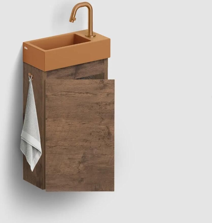 Clou Flush 3 toiletmeubel 36cm donker eiken linksdraaiend met keramische fontein zand mat en kraangat