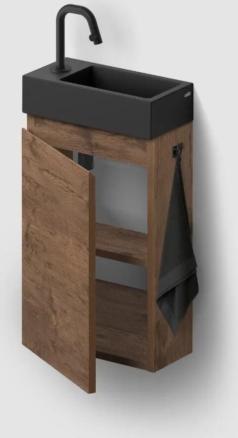 Clou Flush 3 toiletmeubel 36cm donker eiken linksdraaiend met keramische fontein zwart mat en kraangat