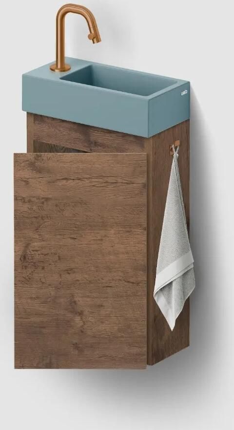 Clou Flush 3 toiletmeubel 36cm donker eiken rechtsdraaiend met keramische fontein blauwgrijs mat en kraangat