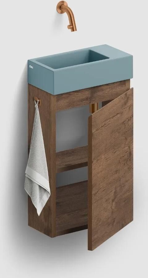 Clou Flush 3 toiletmeubel 36cm donker eiken rechtsdraaiend met keramische fontein blauwgrijs mat zonder kraangat