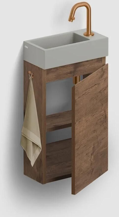 Clou Flush 3 toiletmeubel 36cm donker eiken rechtsdraaiend met keramische fontein grijs mat en kraangat