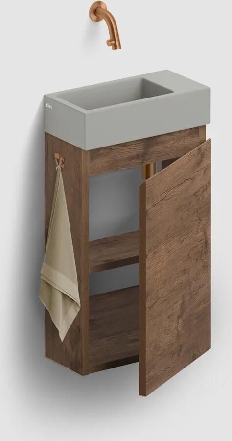 Clou Flush 3 toiletmeubel 36cm donker eiken rechtsdraaiend met keramische fontein grijs mat zonder kraangat