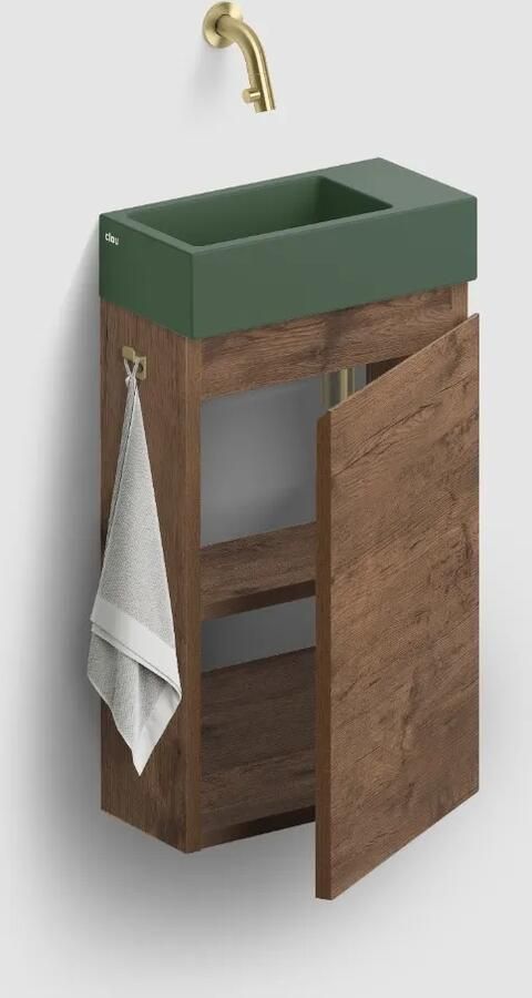 Clou Flush 3 toiletmeubel 36cm donker eiken rechtsdraaiend met keramische fontein groen mat zonder kraangat