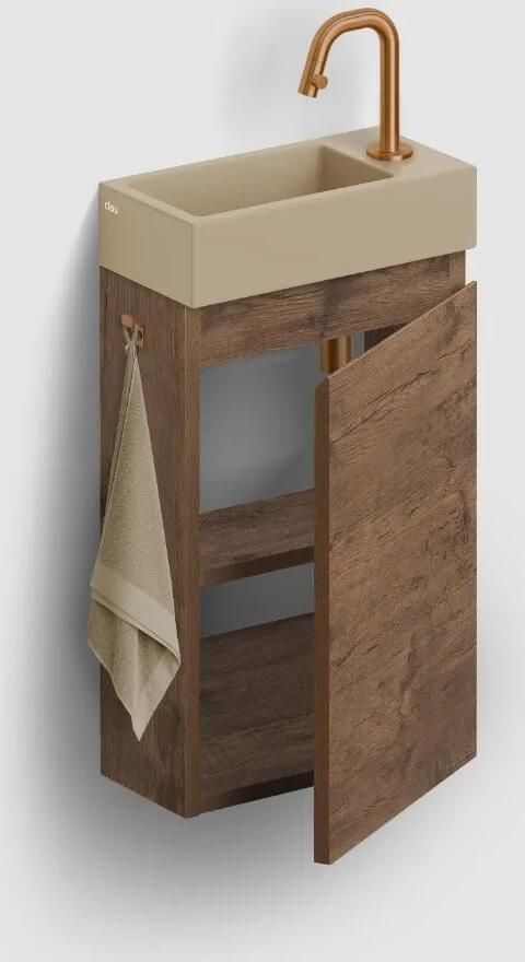 Clou Flush 3 toiletmeubel 36cm donker eiken rechtsdraaiend met keramische fontein mosterd mat en kraangat