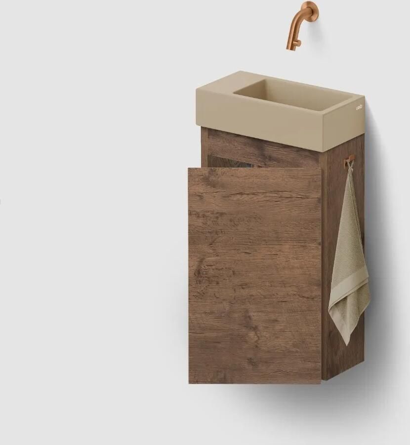 Clou Flush 3 toiletmeubel 36cm donker eiken rechtsdraaiend met keramische fontein mosterd mat zonder kraangat