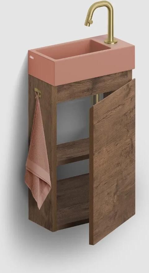 Clou Flush 3 toiletmeubel 36cm donker eiken rechtsdraaiend met keramische fontein roze mat en kraangat