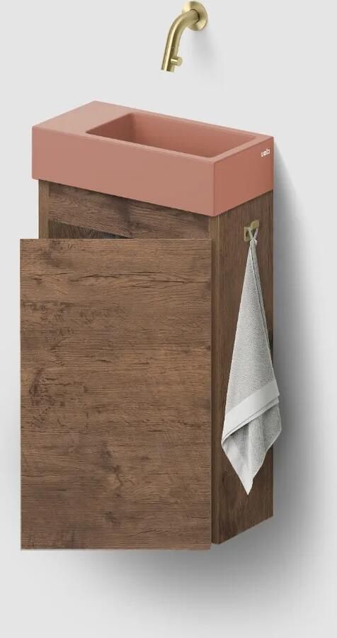 Clou Flush 3 toiletmeubel 36cm donker eiken rechtsdraaiend met keramische fontein roze mat zonder kraangat