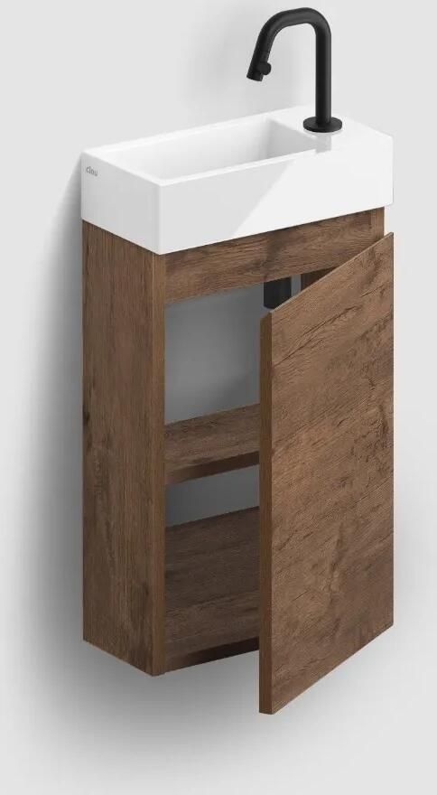 Clou Flush 3 toiletmeubel 36cm donker eiken rechtsdraaiend met keramische fontein wit glans en kraangat