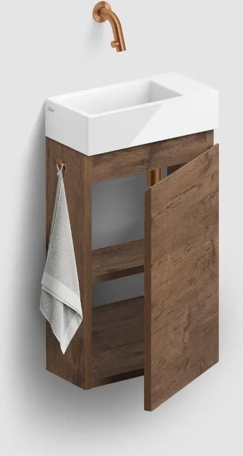 Clou Flush 3 toiletmeubel 36cm donker eiken rechtsdraaiend met keramische fontein wit glans zonder kraangat
