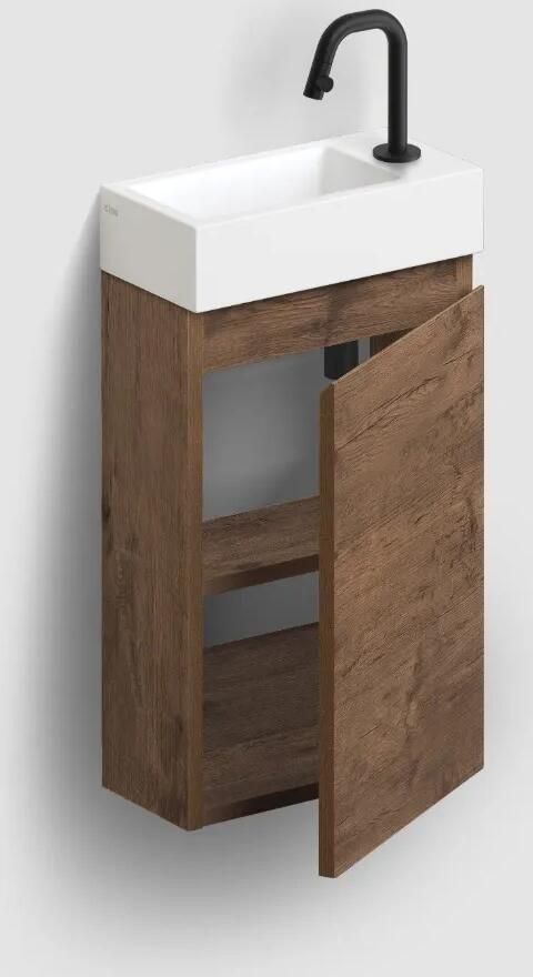 Clou Flush 3 toiletmeubel 36cm donker eiken rechtsdraaiend met keramische fontein wit mat en kraangat