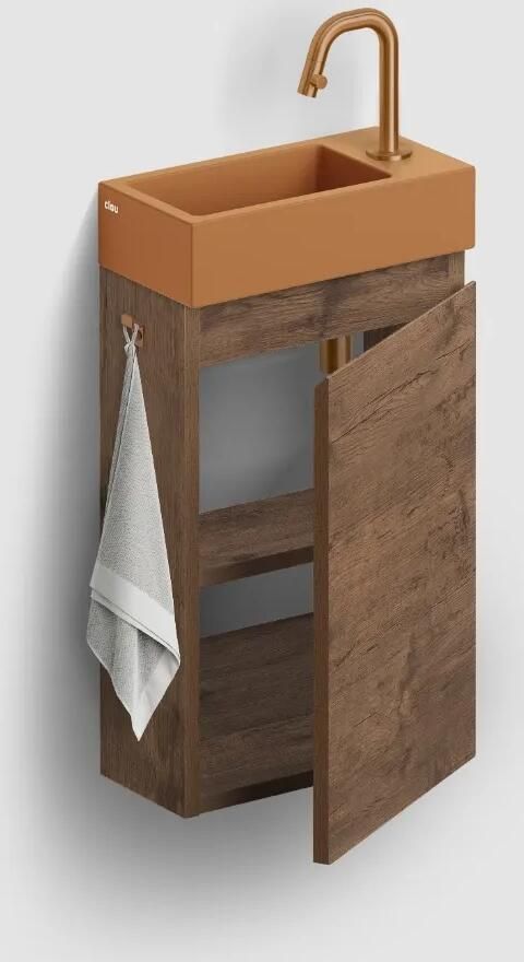 Clou Flush 3 toiletmeubel 36cm donker eiken rechtsdraaiend met keramische fontein zand mat en kraangat