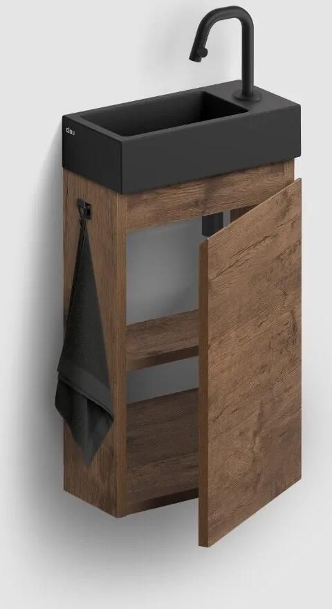 Clou Flush 3 toiletmeubel 36cm donker eiken rechtsdraaiend met keramische fontein zwart mat en kraangat