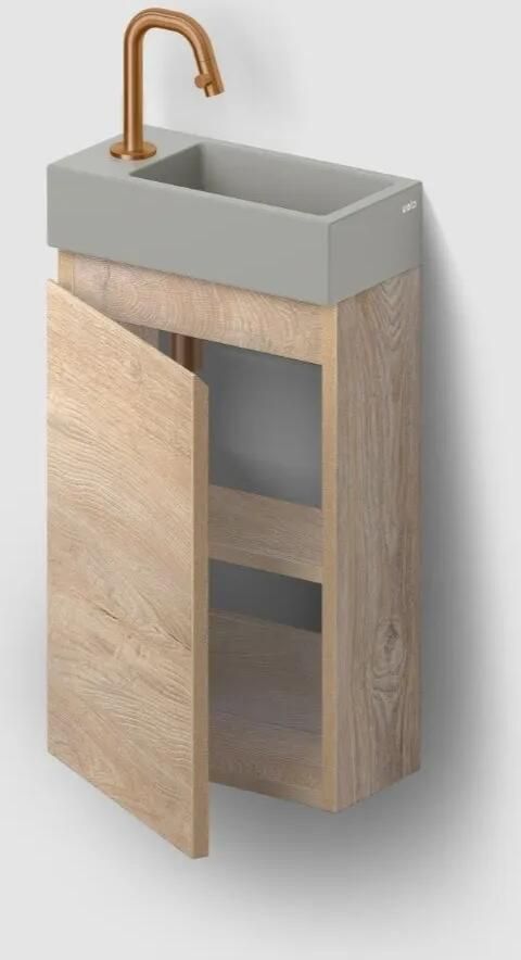 Clou Flush 3 toiletmeubel 36cm eiken linksdraaiend met keramische fontein grijs mat en kraangat