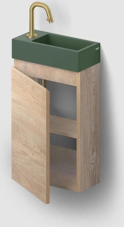 Clou Flush 3 toiletmeubel 36cm eiken linksdraaiend met keramische fontein groen mat en kraangat