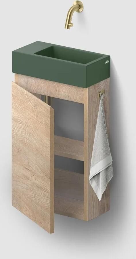 Clou Flush 3 toiletmeubel 36cm eiken linksdraaiend met keramische fontein groen mat zonder kraangat