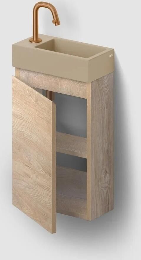 Clou Flush 3 toiletmeubel 36cm eiken linksdraaiend met keramische fontein mosterd mat en kraangat