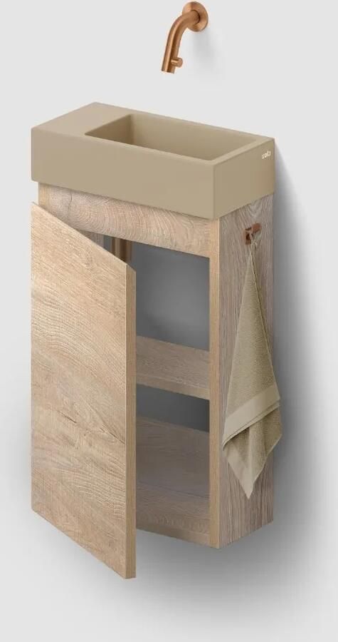 Clou Flush 3 toiletmeubel 36cm eiken linksdraaiend met keramische fontein mosterd mat zonder kraangat
