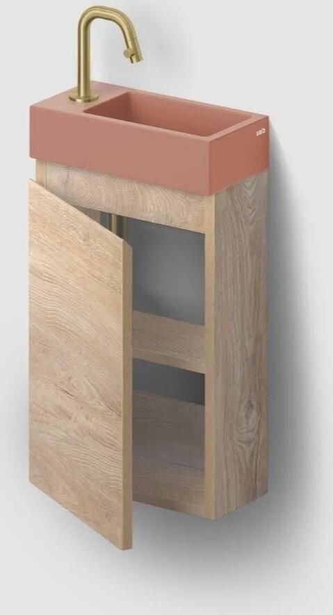 Clou Flush 3 toiletmeubel 36cm eiken linksdraaiend met keramische fontein roze mat en kraangat