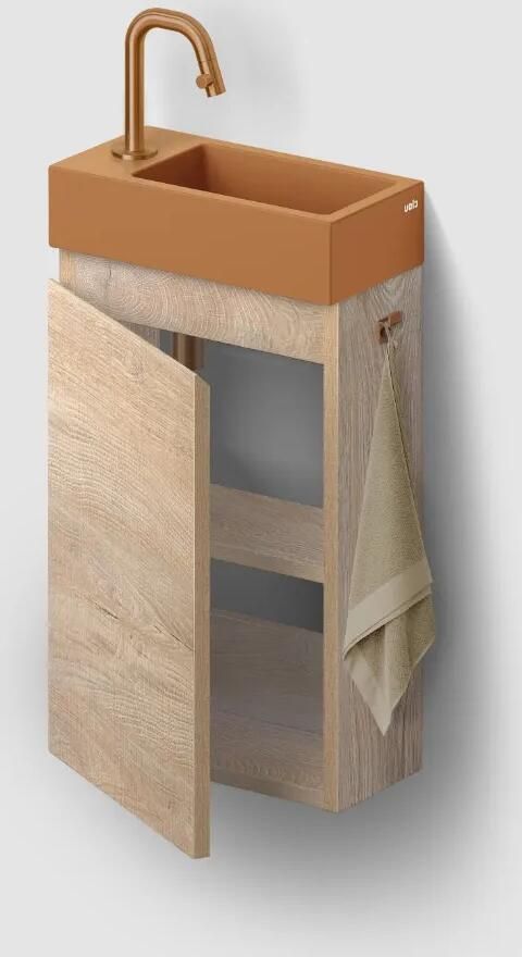 Clou Flush 3 toiletmeubel 36cm eiken linksdraaiend met keramische fontein zand mat en kraangat