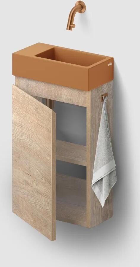 Clou Flush 3 toiletmeubel 36cm eiken linksdraaiend met keramische fontein zand mat zonder kraangat