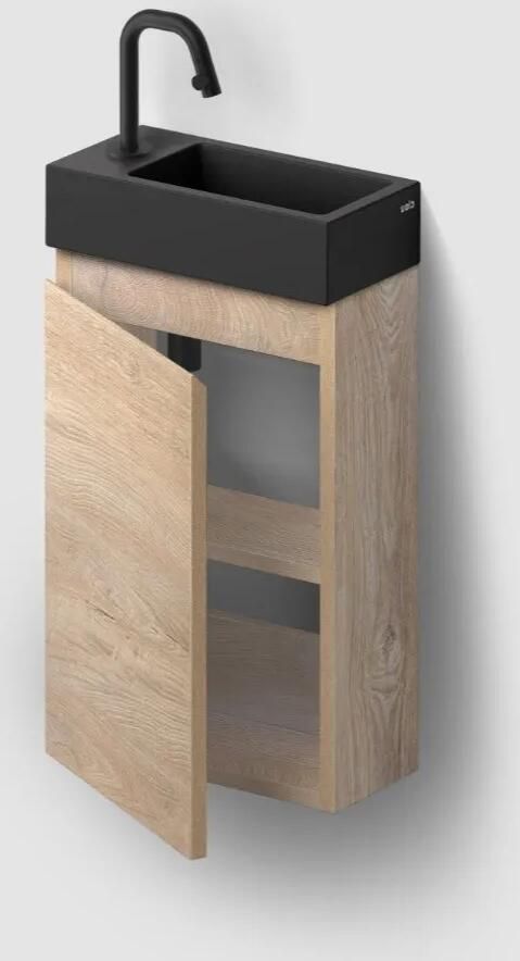 Clou Flush 3 toiletmeubel 36cm eiken linksdraaiend met keramische fontein zwart mat en kraangat