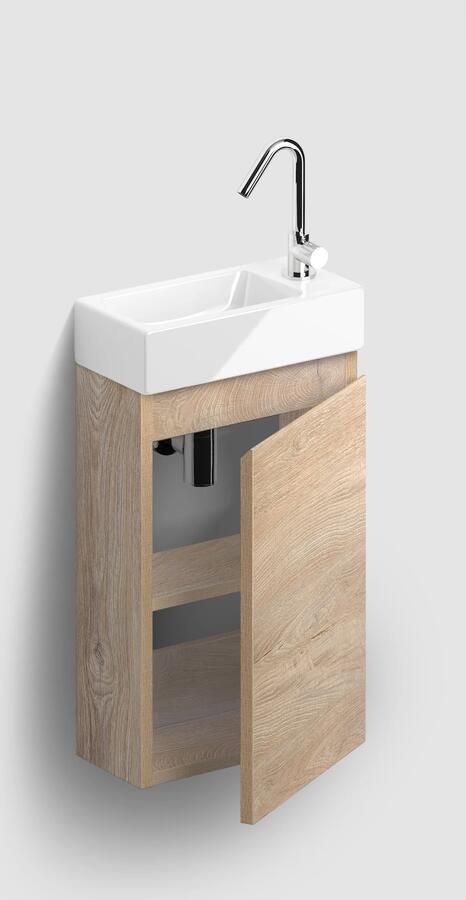 Clou InBe eiken toiletmeubel met keramische fontein wit glans en toiletkraan chroom