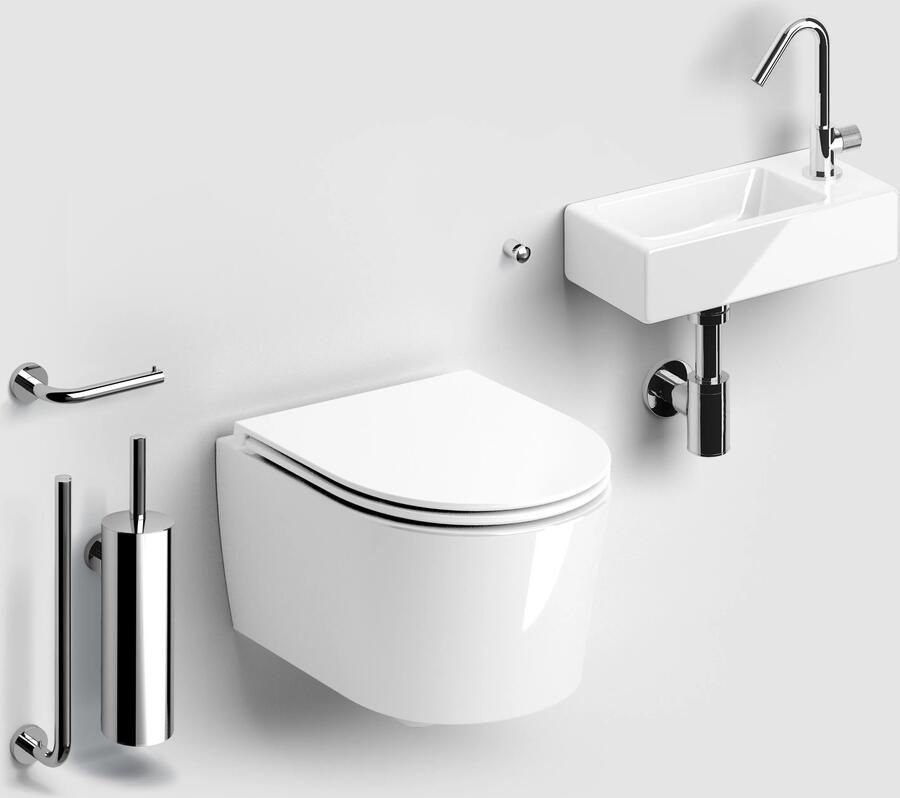 Clou InBe toiletruimte set met randloos toilet fonteinset en chromen accessoires