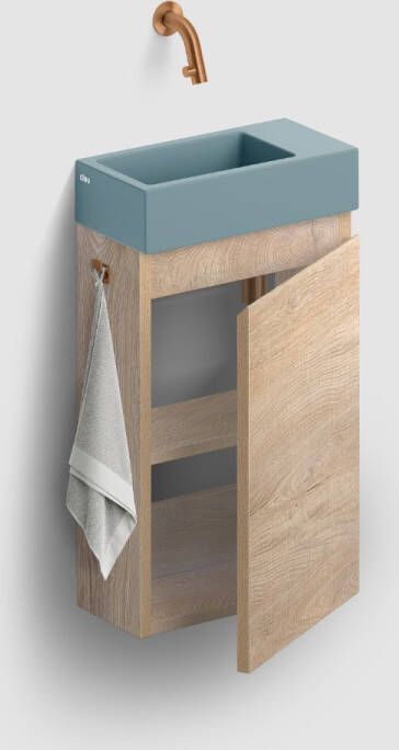 Clou Flush 3 toiletmeubel 36cm eiken rechtsdraaiend met keramische fontein blauwgrijs mat zonder kraangat