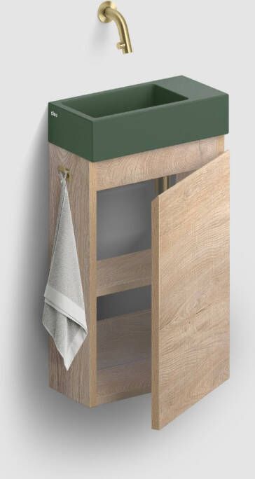 Clou Flush 3 toiletmeubel 36cm eiken rechtsdraaiend met keramische fontein groen mat zonder kraangat