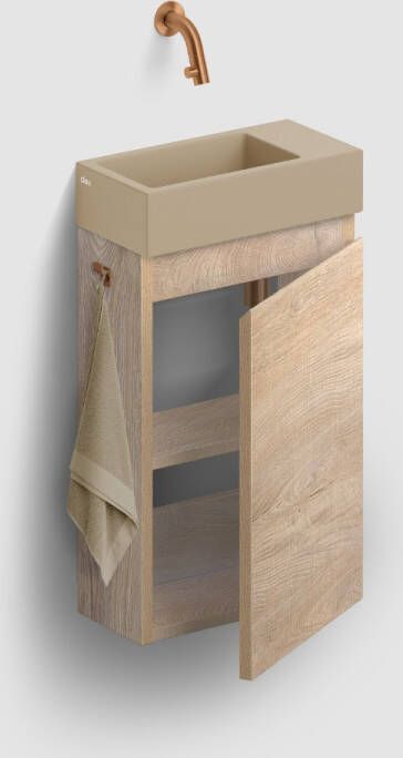 Clou Flush 3 toiletmeubel 36cm eiken rechtsdraaiend met keramische fontein mosterd mat zonder kraangat