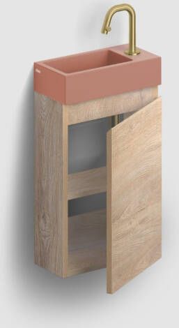 Clou Flush 3 toiletmeubel 36cm eiken rechtsdraaiend met keramische fontein roze mat en kraangat