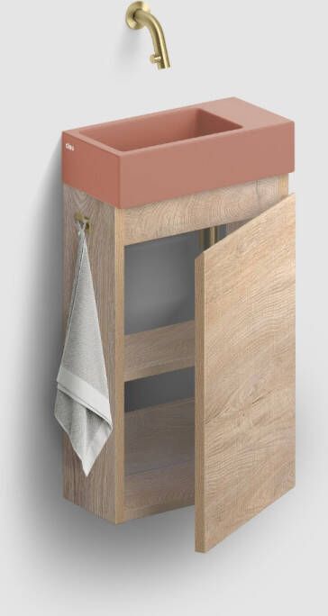 Clou Flush 3 toiletmeubel 36cm eiken rechtsdraaiend met keramische fontein roze mat zonder kraangat