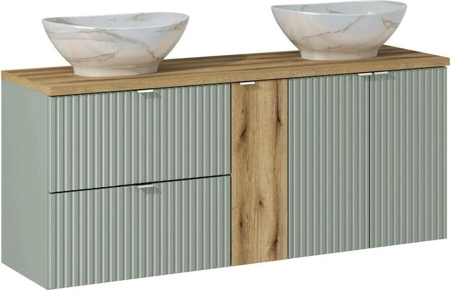 Comad Reed Green badmeubel ribbelfront 140cm met marmerlook waskommen