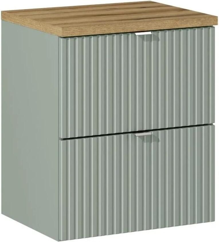 Comad Reed Green badmeubel ribbelfront 50cm met 2 lades en eiken toppaneel