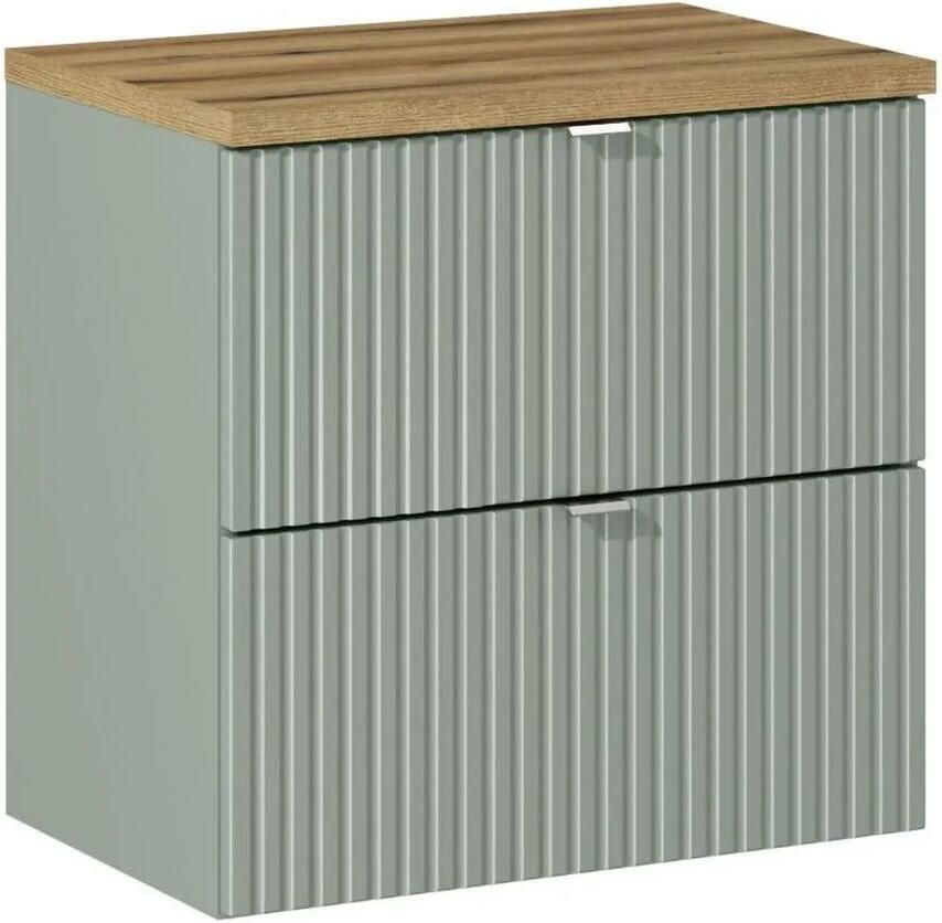 Comad Reed Green badmeubel ribbelfront 60cm met 2 lades en eiken toppaneel