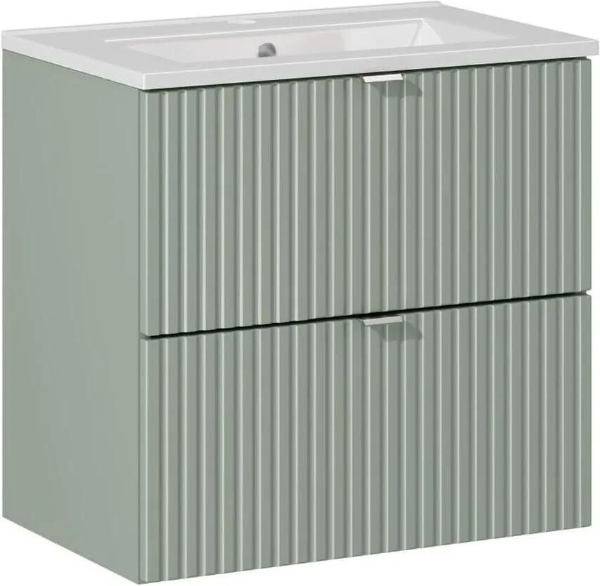 Comad Reed Green badmeubel ribbelfront 60cm met 2 lades en witte wastafel