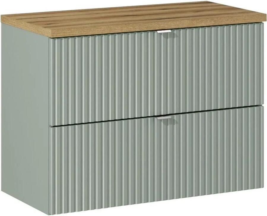 Comad Reed Green badmeubel ribbelfront 80cm met 2 lades en eiken toppaneel